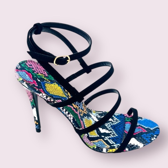 Anne Michelle Shoes - Anne Michelle Black Ankle Strap Snakeskin Heels